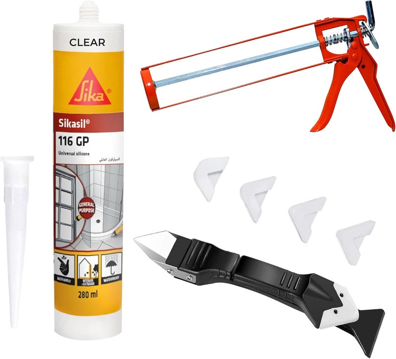 Duravel Clear Silicone Sealant, Gun and Scraper Kit - Sika Sikasil 116-GP Universal Silicone Sealant - Image 1